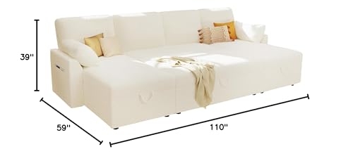 White Boucle Sleeper Sectional Sofa with Double Storage Chaise