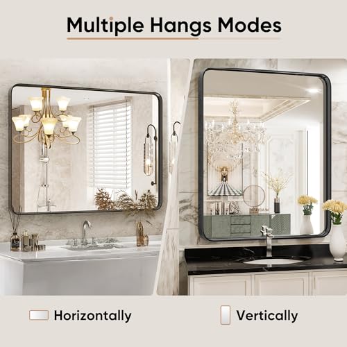 Modern Black Metal Framed 36x24 Inch Bathroom Mirror