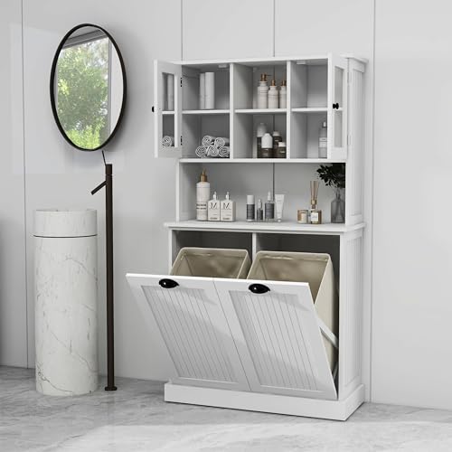 White Laundry Cabinet Hamper with Tilt-Out Double Doors