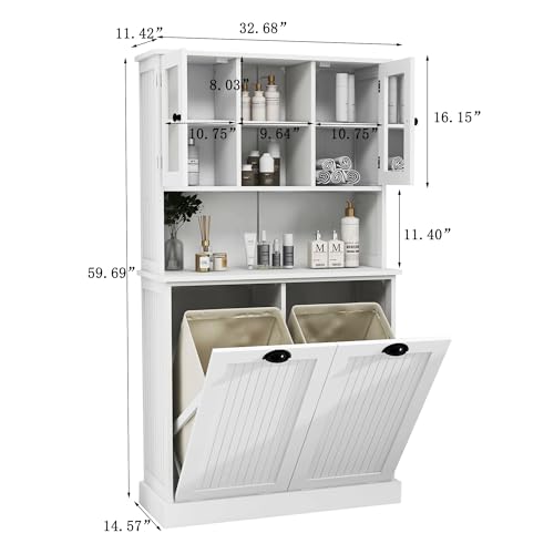White Laundry Cabinet Hamper with Tilt-Out Double Doors