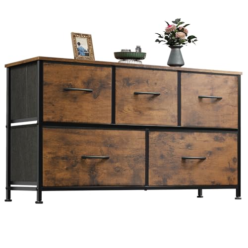 Rustic Brown Wood Grain 5-Drawer Dresser for Bedroom