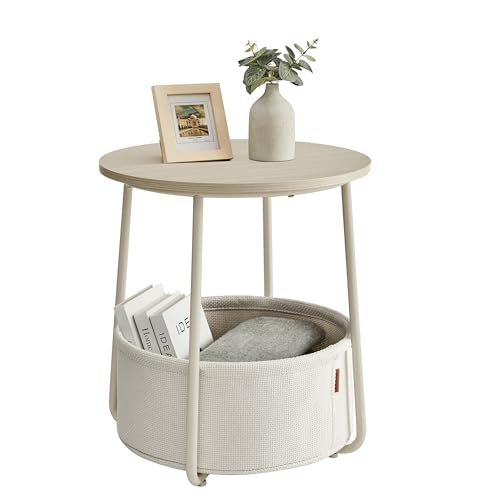 Modern Cream White Round Side Table with Fabric Basket