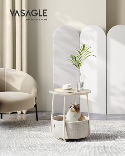 Modern Cream White Round Side Table with Fabric Basket