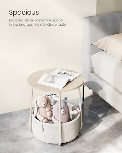 Modern Cream White Round Side Table with Fabric Basket