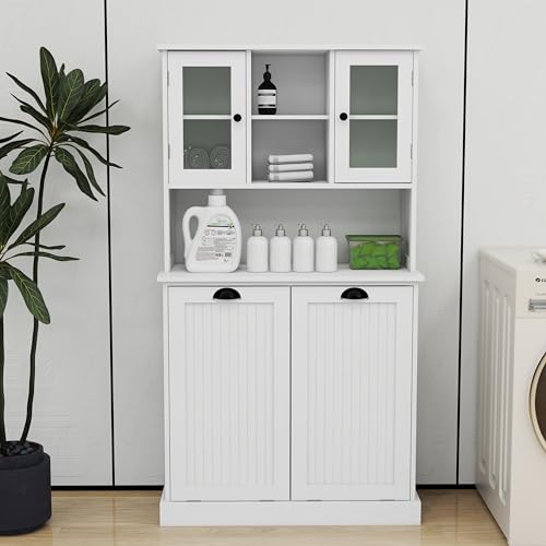 White Laundry Cabinet Hamper with Tilt-Out Double Doors