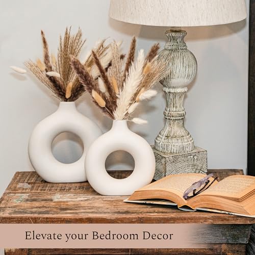 White Ceramic Vase Set with Dried Pampas Grass