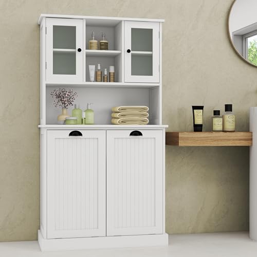 White Laundry Cabinet Hamper with Tilt-Out Double Doors