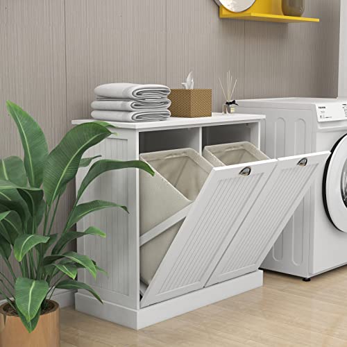 White Wood Laundry Hamper Cabinet with Removable Basket