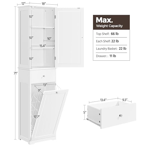 Yaheetech Tall White Bathroom Cabinet with Laundry Hamper