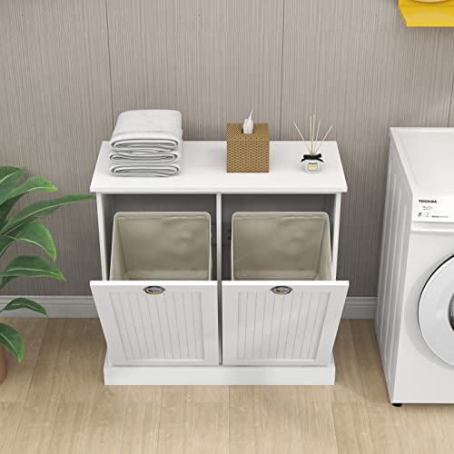 White Wood Laundry Hamper Cabinet with Removable Basket