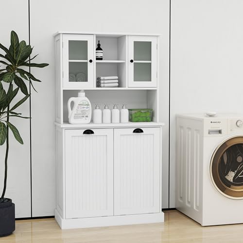 White Laundry Cabinet Hamper with Tilt-Out Double Doors