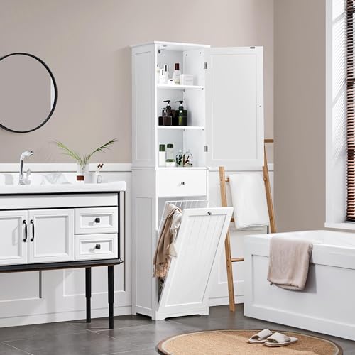 Yaheetech Tall White Bathroom Cabinet with Laundry Hamper