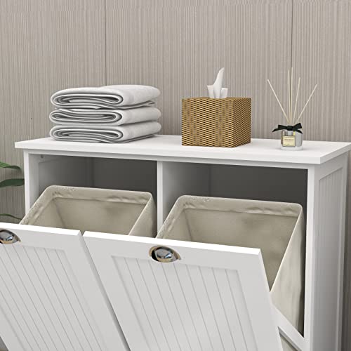 White Wood Laundry Hamper Cabinet with Removable Basket
