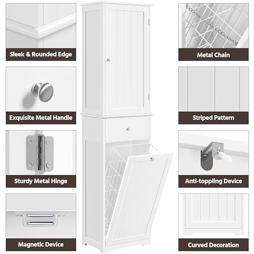 Yaheetech Tall White Bathroom Cabinet with Laundry Hamper