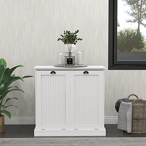 White Wood Laundry Hamper Cabinet with Removable Basket