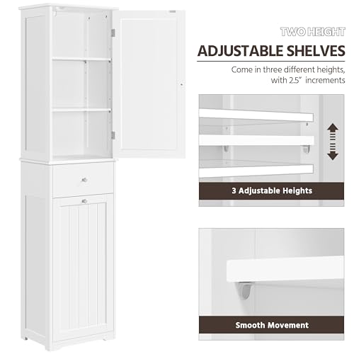 Yaheetech Tall White Bathroom Cabinet with Laundry Hamper