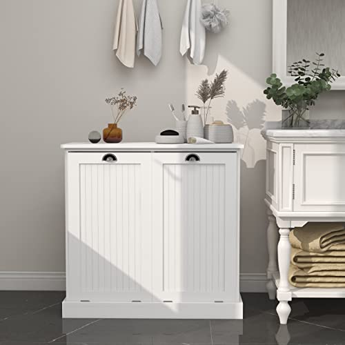 White Wood Laundry Hamper Cabinet with Removable Basket