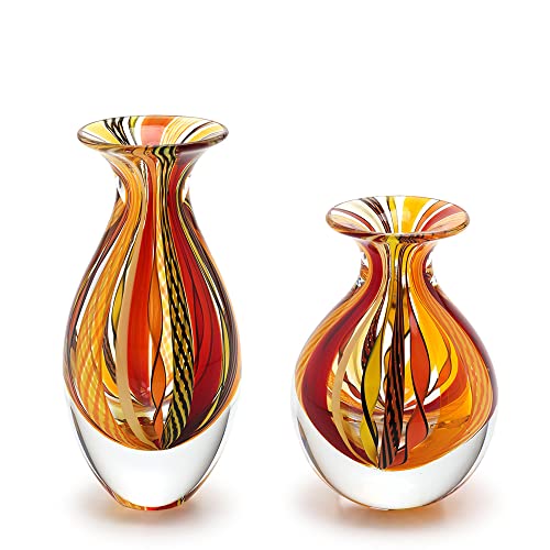 Pair of Small Murano-Style Glass Vases in Red/Yellow