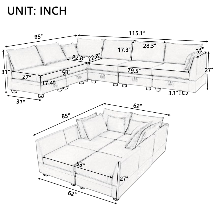 Large Modern Beige U-Shape Sectional Sofa Set