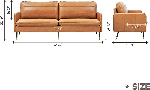 Mid-Century Modern Leather Sofa, 3 Seater, Cognac Tan
