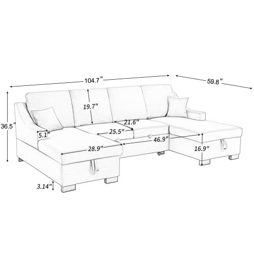 FANYE U-Shaped Sleeper Sectional Sofa with Reversible Storage Chaises