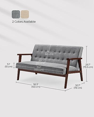 Mid-Century Modern Loveseat Sofa, Dove Gray, Solid Wood armrests