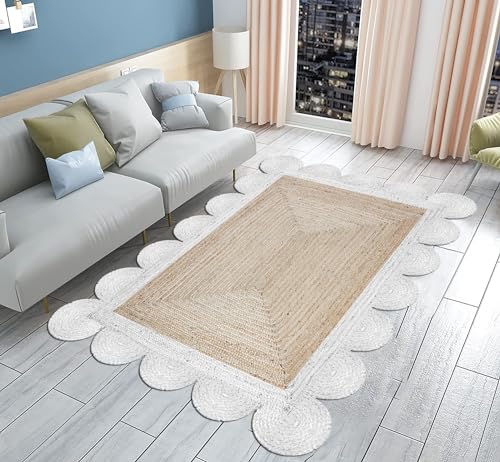 Beige & White Scalloped Braided Jute Area Rug