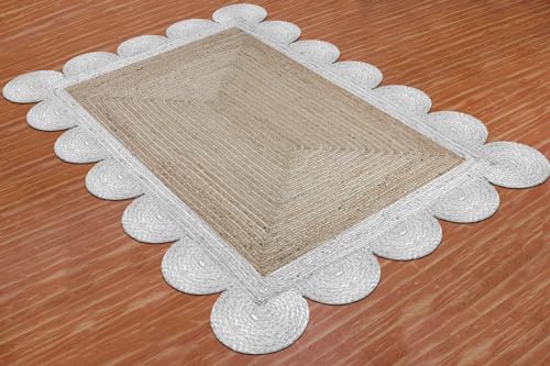 Beige & White Scalloped Braided Jute Area Rug