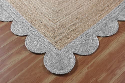 Beige & White Scalloped Braided Jute Area Rug