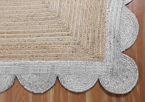 Beige & White Scalloped Braided Jute Area Rug