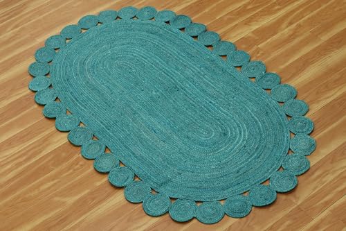 Turquoise Oval Kilim Braided Jute Area Rug