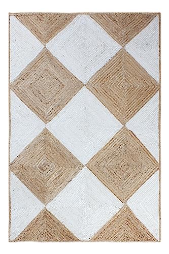 Beige and White Geometric Jute Area Rug