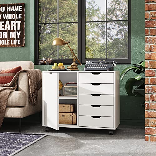 5-Drawer Wood Chest with Door for Home Office