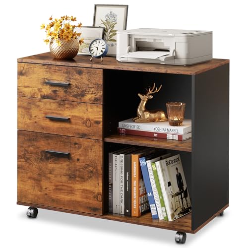 Rustic Brown Wood File Cabinet with Open Storage Shelves