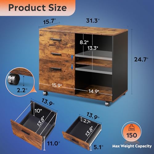 Rustic Brown Wood File Cabinet with Open Storage Shelves