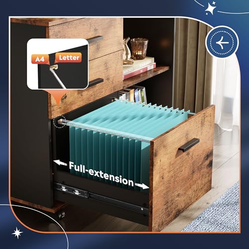 Rustic Brown Wood File Cabinet with Open Storage Shelves