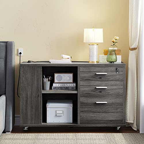 YITAHOME Grey Mobile File Cabinet with Charging Station