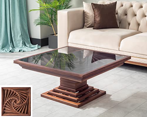 Rustic Walnut Veneer Coffee Table with Glass Top