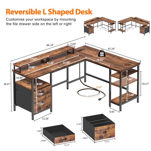 Rustic Brown L-Shaped Desk with Power Outlet & Storage
