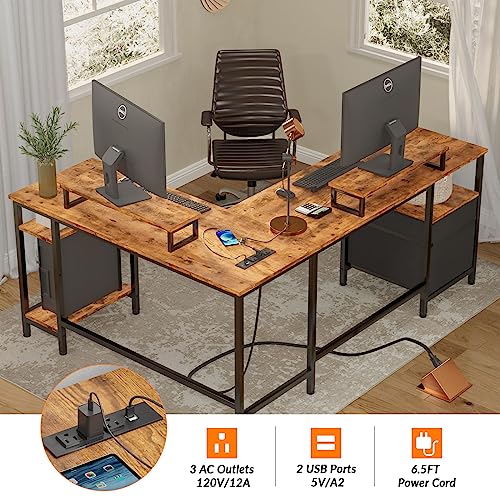 Rustic Brown L-Shaped Desk with Power Outlet & Storage