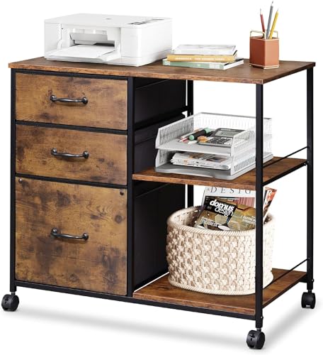 Rustic Brown Wood Grain File Cabinet with Printer Stand