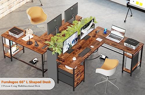 Rustic Brown L-Shaped Desk with Power Outlet & Storage