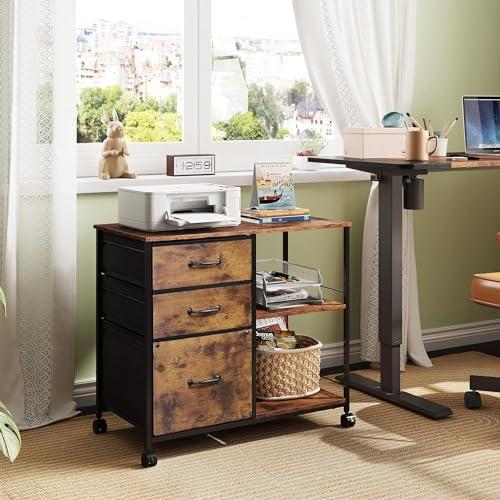 Rustic Brown Wood Grain File Cabinet with Printer Stand