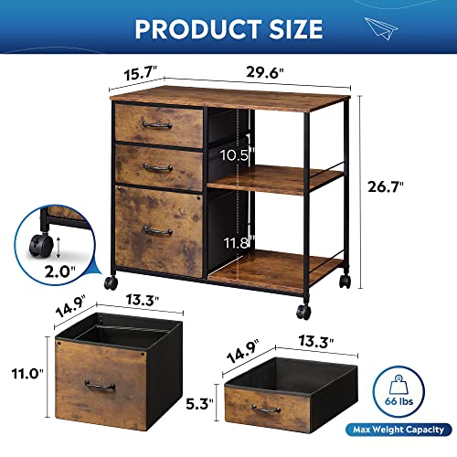 Rustic Brown Wood Grain File Cabinet with Printer Stand