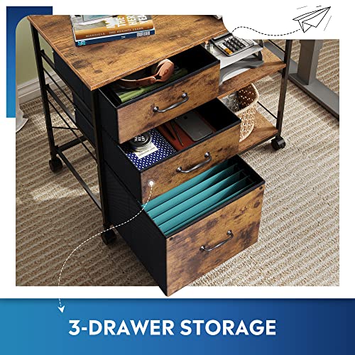 Rustic Brown Wood Grain File Cabinet with Printer Stand