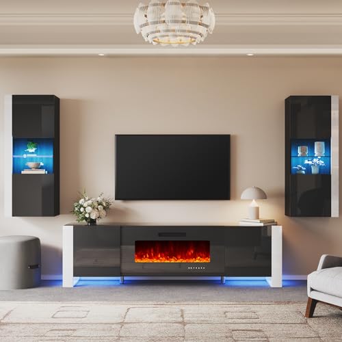 Modern 3-Piece Black Entertainment Center with Fireplace
