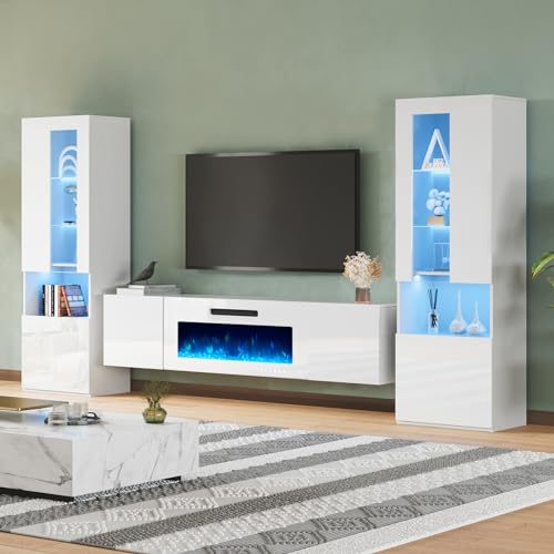 Modern White Entertainment Center with LED Fireplace