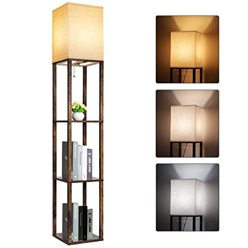 Modern Wood Floor Lamp with Shelves Storage Decor