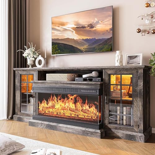 Rustic 36" 3-Sided Glass Fireplace TV Stand