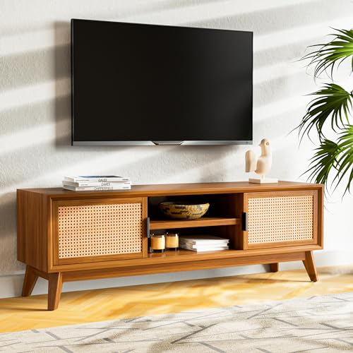 Mid-Century Dark Chocolate TV Stand with Rattan Doors